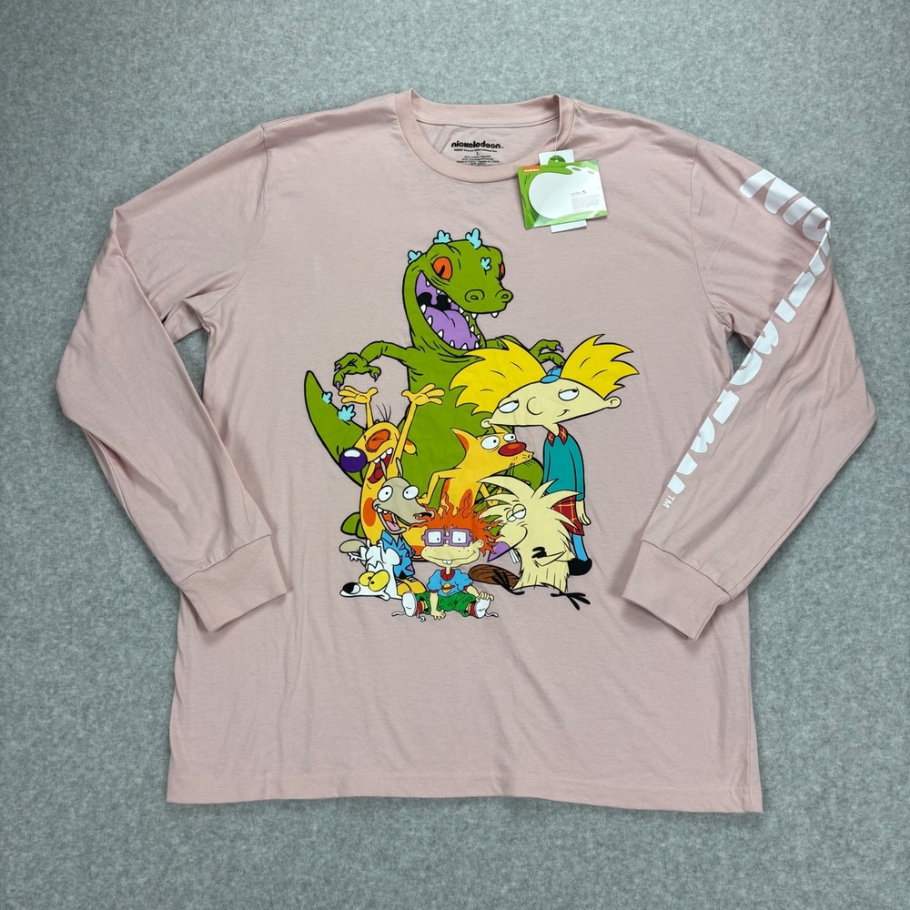 Nickelodeon Long Sleeve Shirt Mens L Pink Rugrats Hey Arnold Graphic Tee NWT